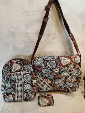 Vera Bradley Brown & Teal Quilted Messenger Bag, Backpack And Wallet Set